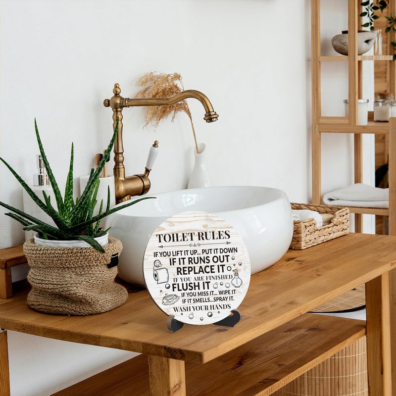 Zmyollo Rustic Bathroom Decor, Funny Round Sign With Stand, Toilet Rules for Shelf, Farmhouse Quote for Restroom Washroom Home Decor Gifts, A01 - Image 4