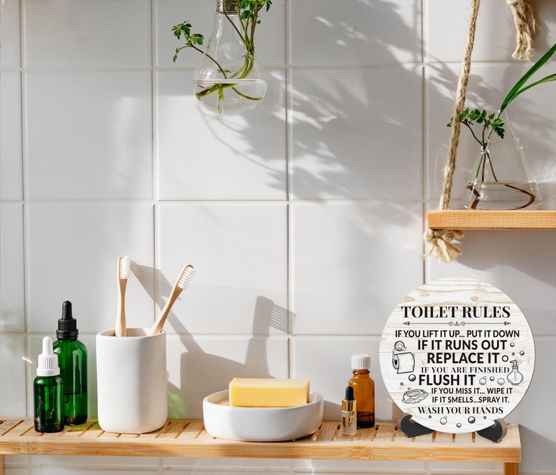 Zmyollo Rustic Bathroom Decor, Funny Round Sign With Stand, Toilet Rules for Shelf, Farmhouse Quote for Restroom Washroom Home Decor Gifts, A01 - Image 5