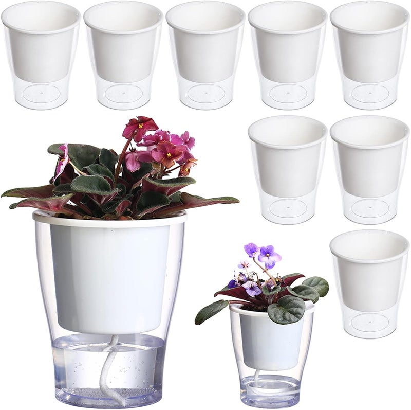 DeELF Outlet 8-Pack 5.1” Clear Self-Watering Planters Medium African Violet Pots Plastic Wick Flower Plant Pots for Indoor Plants, Spider Plant, Clear Orchid Pot, Clear and White - Image 1