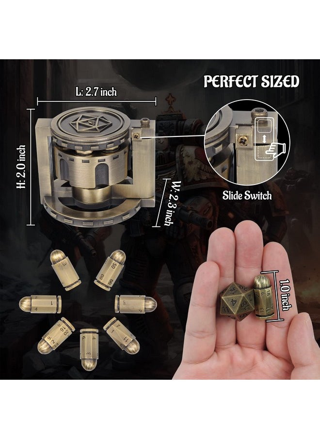 CZYY - Metal Polyhedral Bullet Dice Set Of 7 With Spinning Revolver Cylinder Container - Cyberpunk Style Dice For Warhammer 40K, D&D, Sci-Fi, War, Or Crime Theme Tabletop Games (Bronze) - Image 1
