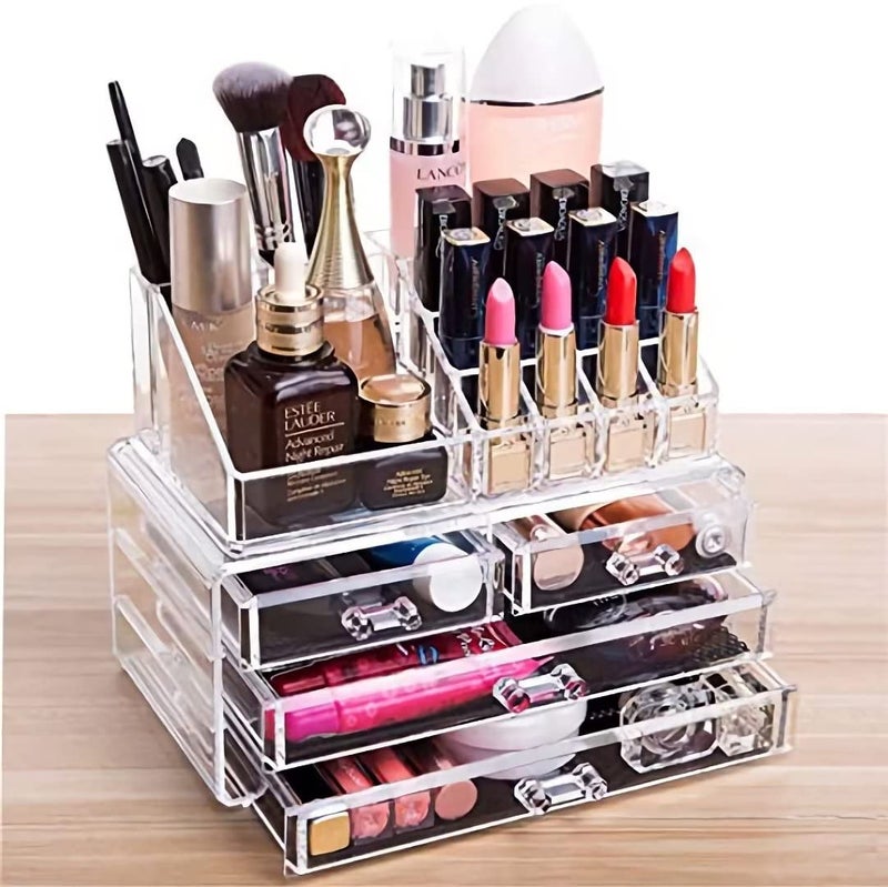 Cq acrylic Clear Make Up Organizer CountertopSmall 4 Drawers Cosmetic StorageCute Vanity Skincare Organizers for JewelryLipstickMakeup BrushBeauty Product Desk and Bathroom Organizers and Storage