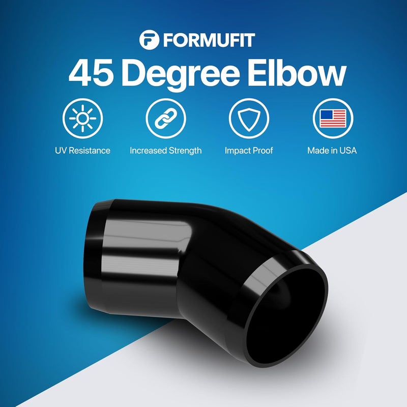 FORMUFIT 3/4" 45 Degree Furniture Grade PVC Fitting in Black, Made in USA, UV-Resistant, Impact-Proof, 1.050” Actual Socket Diameter (Pack of 8) - F03445E-BK-8 - Image 2