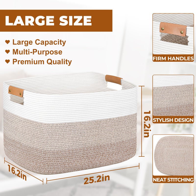 danpinera 108L Large Blanket Basket for Living Room, Woven Storage Basket with Leather Handles, Cotton Rope Storage Organization in Nursery for Toys & Clothes 25 ''* 16 ''*16 '', Gradient Brown - Image 2