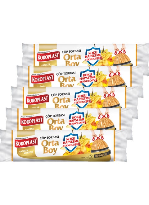 Odor Trap Medium Size Vanilla Scented Drawstring Garbage Bag 55X60CM - 15 x 5 Pcs Advantageous