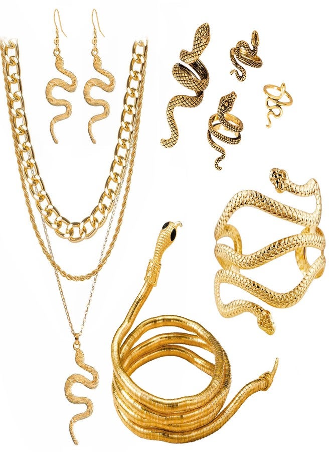 Acruccen Gold Snake Jewelry Set for Women: Punk Snake Necklaces, Bracelet, Armband, Earrings & Rings for Halloween, Cosplay & Medusa Costume Accessories - Image 1
