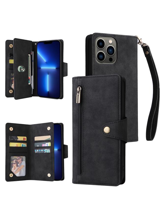 Zaboon Case For iPhone 13 Pro Rivet Buckle 9 Cards Three Fold Leather Phone Case - Image 1