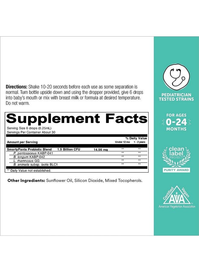 SmartyPants SmartyPants Baby Probiotic Drops: Probiotics for Digestive Health and Immune Support Supplement, for Infants 0-24 Months, Vegan, Gluten Free, Pediatrician Tested (30 Day Supply) - Image 2