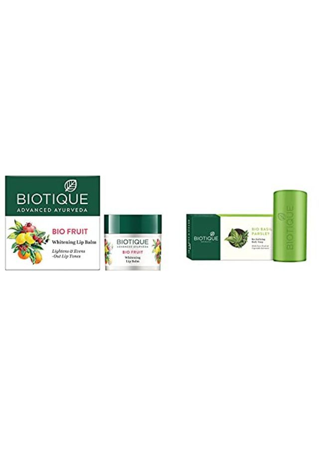 Biotique بلسم شفاه مبيض بالفواكه العضوية، 12 جرام وصابون الجسم المنعش بالريحان والبقدونس، 150 جرام - Image 2
