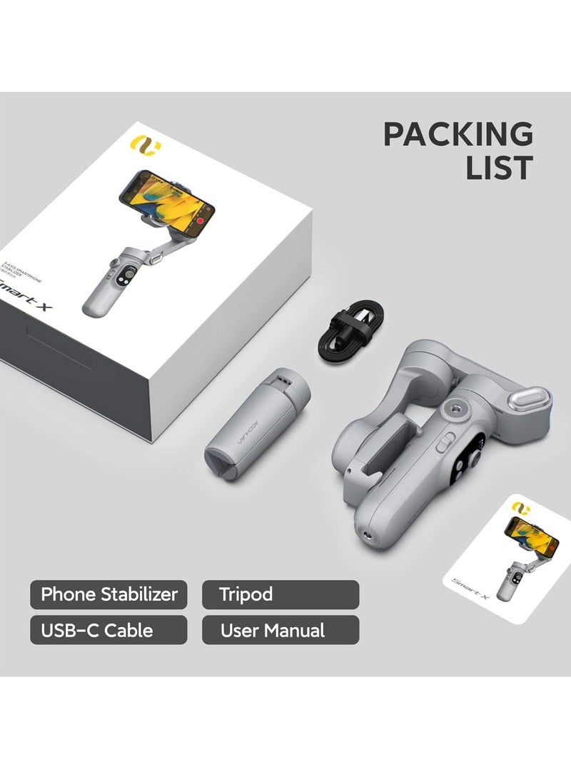 AOCHUAN - Smart X Gimbal Stabilizer for Smartphone, LED Light Face Tracking Inception Timelapse, Handheld Foldable 3-Axis Gimble for iPhone/Android YouTube TikTok Vlog (Grey) - Image 1