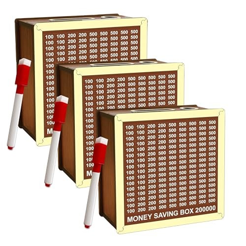 SWAGSTATION Money Saving Box for Kids and Adults | Wooden Money Bank with Lock | Big Size Piggy Bank 2 Lakh Target | 1 Lakh Saving Box with Numbers | Undiyal Hundi Piggy Bank (Money Box Pack of 3) - Image 1