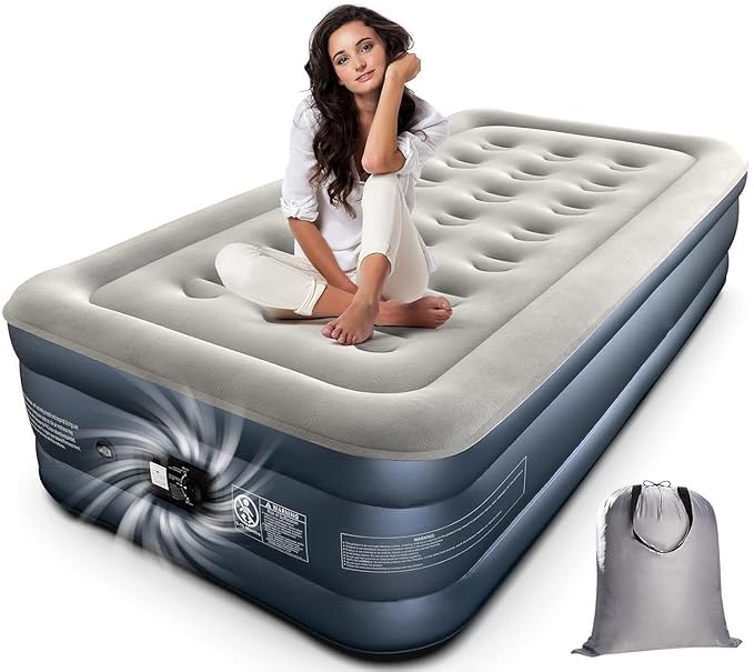 SINGLE AIR BED INFLATABLE BED WITH BUILTIN ELECTRIC PUMP 3 MINS QUICK SELFINFLATIONDEFLATION GUEST AIR MATTRESS BLOW UP BED FOR HOME PORTABLE CAMPING TRAVELMULTICOLOR