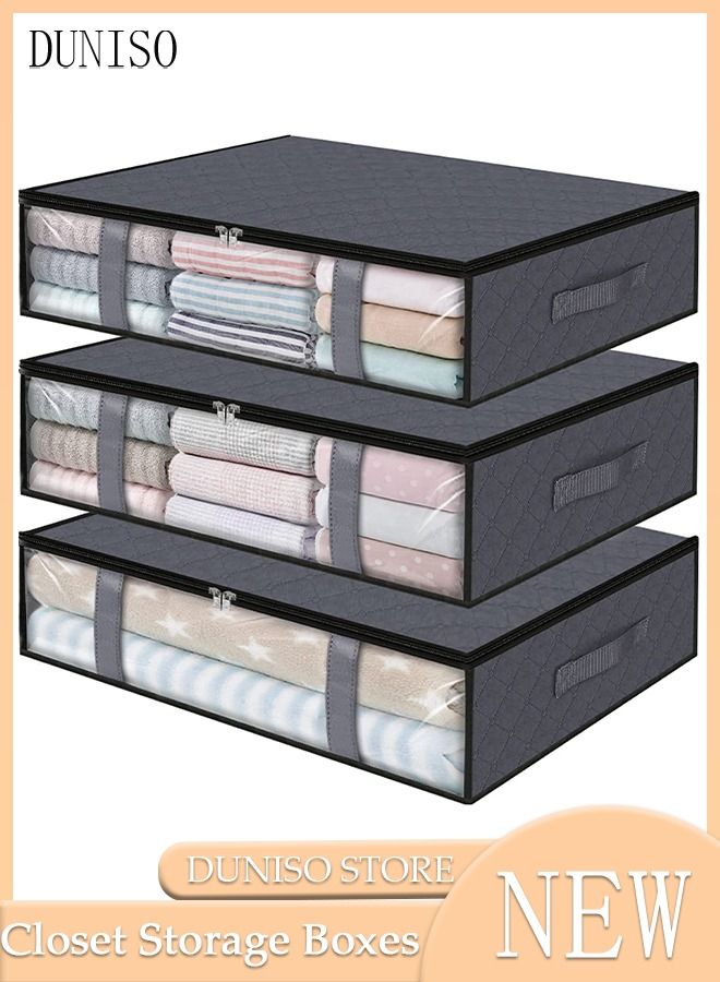 DUNISO 3 Pieces Foldable Fabric Closet Storage Organizer Foldable Closet Drawer Storage Box With Clear Window Home Wear-resistant Storage Box Fabric Cubby Storage Basket Cube Storage Bin for Clothes - Image 1