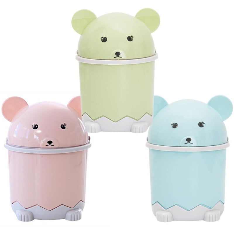 3Pcs Mini Desktop Trash Can With Flip Lid Cute Cartoon Small Wastebasket For Bathroom Living Room Home Office Blue Green Pink - Image 2