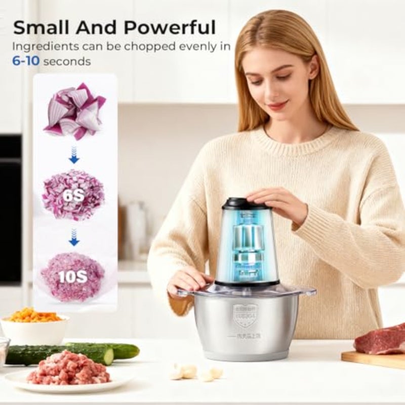 Electric meat grinder for home kitchen and restaurants: stainless steel, silver, 2-speed control with 3L capacity for baby food, meat, onion, vegetables, fruits - Image 4