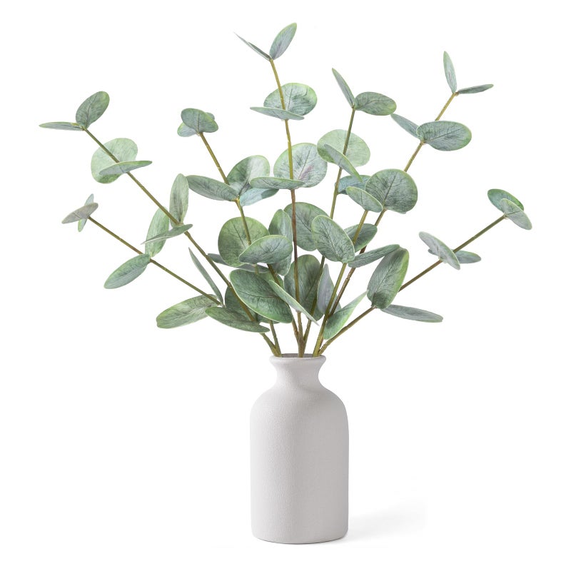 FIACO Artificial Eucalyptus Stems in Ceramic Vase, 14'' Fake Plants Greenery Stems for Home Decor Eucalyptus Plant for Bathroom Farmhouse Room Coffee Table Centerpiece Desk Shelf Faux Branches Decorations - Image 1
