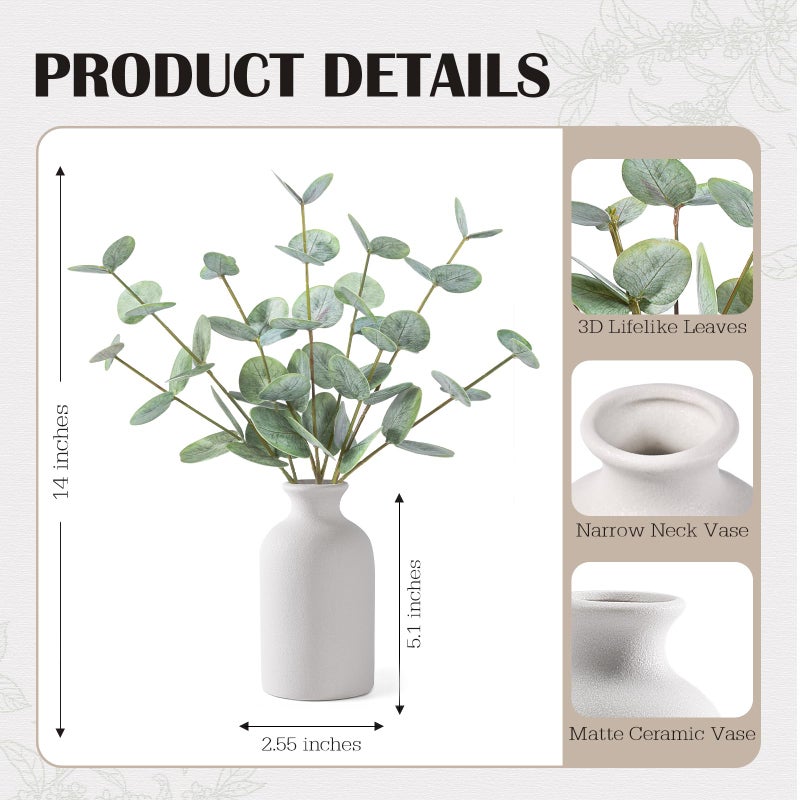 FIACO Artificial Eucalyptus Stems in Ceramic Vase, 14'' Fake Plants Greenery Stems for Home Decor Eucalyptus Plant for Bathroom Farmhouse Room Coffee Table Centerpiece Desk Shelf Faux Branches Decorations - Image 3