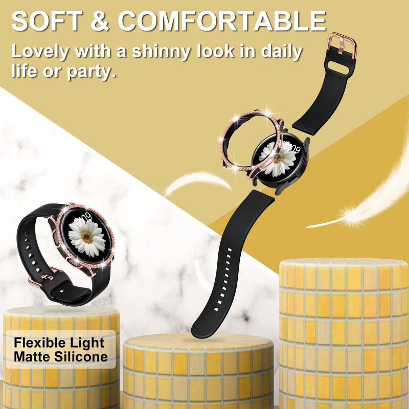 DABAOZA Compatible for Samsung Galaxy Watch 4 5 Band 40mm with Glitter Bumper Case, Women Black Silicone Soft Comfortable Adjustable Strap with Buckle (Blackrosegold, 40) - Image 3