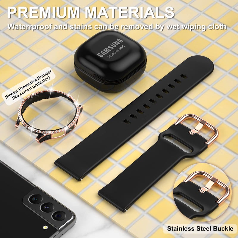 DABAOZA Compatible for Samsung Galaxy Watch 4 5 Band 40mm with Glitter Bumper Case, Women Black Silicone Soft Comfortable Adjustable Strap with Buckle (Blackrosegold, 40) - Image 4