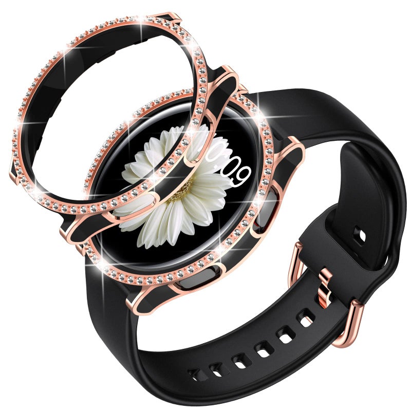 DABAOZA Compatible for Samsung Galaxy Watch 4 5 Band 40mm with Glitter Bumper Case, Women Black Silicone Soft Comfortable Adjustable Strap with Buckle (Blackrosegold, 40) - Image 1