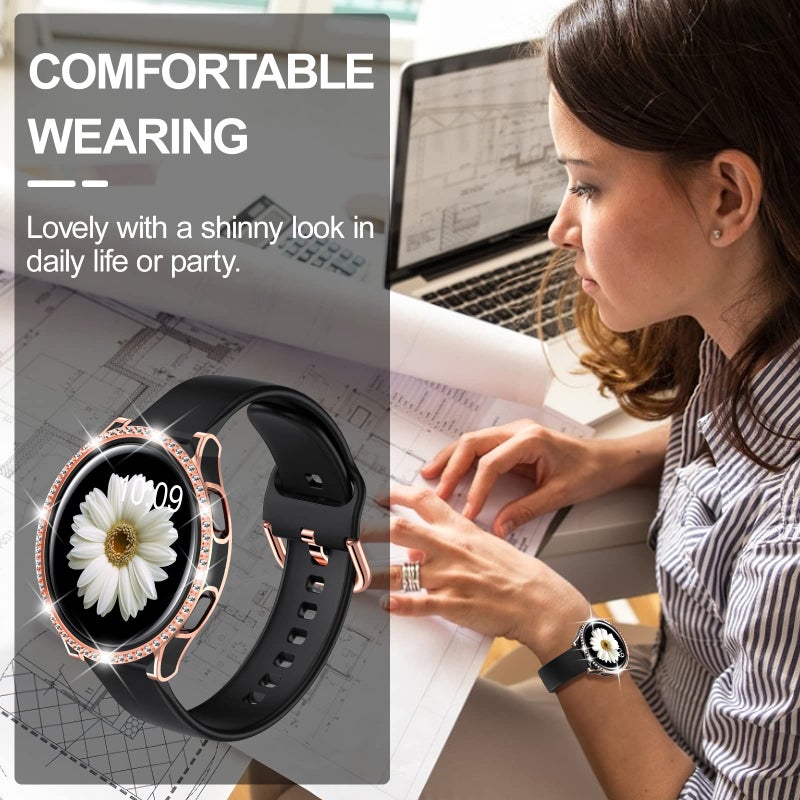 DABAOZA Compatible for Samsung Galaxy Watch 4 5 Band 40mm with Glitter Bumper Case, Women Black Silicone Soft Comfortable Adjustable Strap with Buckle (Blackrosegold, 40) - Image 5