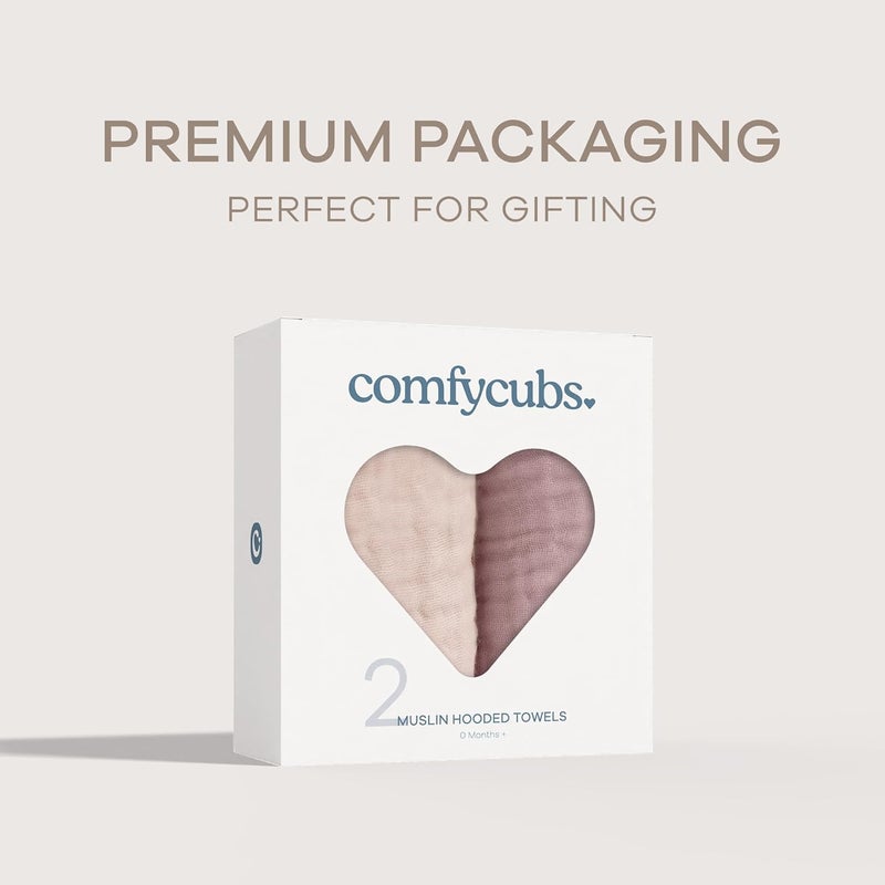 Comfy Cubs منشفة أطفال مريحة مع غطاء رأس 2 حزمة كبيرة 32 × 32 بوصة 6 طبقات 100 قطن موسلين للأطفال الرضع والصغار والأطفال تصميم ناعم وامتصاصي لوقت الاستحمام باللونين الموف والوردية - Image 5