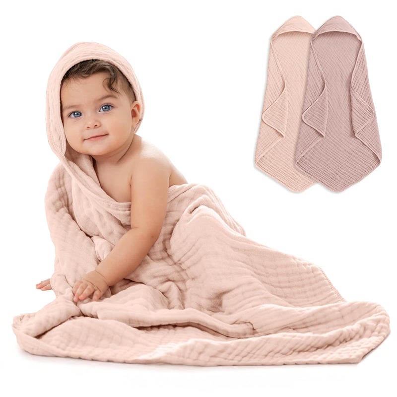 Comfy Cubs منشفة أطفال مريحة مع غطاء رأس 2 حزمة كبيرة 32 × 32 بوصة 6 طبقات 100 قطن موسلين للأطفال الرضع والصغار والأطفال تصميم ناعم وامتصاصي لوقت الاستحمام باللونين الموف والوردية - Image 1