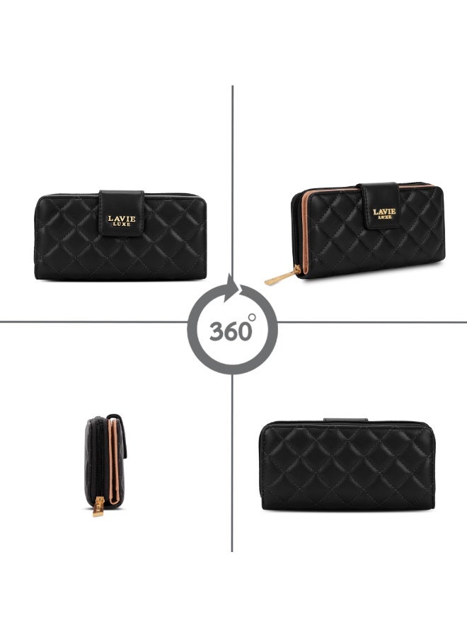لافي محفظة نسائية فاخرة من الجلد بطية مزدوجة مع ماسات أسود - Image 4