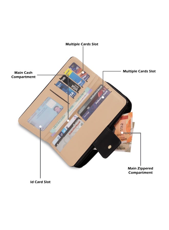 لافي محفظة نسائية فاخرة من الجلد بطية مزدوجة مع ماسات أسود - Image 5