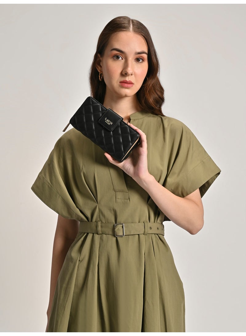 لافي محفظة نسائية فاخرة من الجلد بطية مزدوجة مع ماسات أسود - Image 2