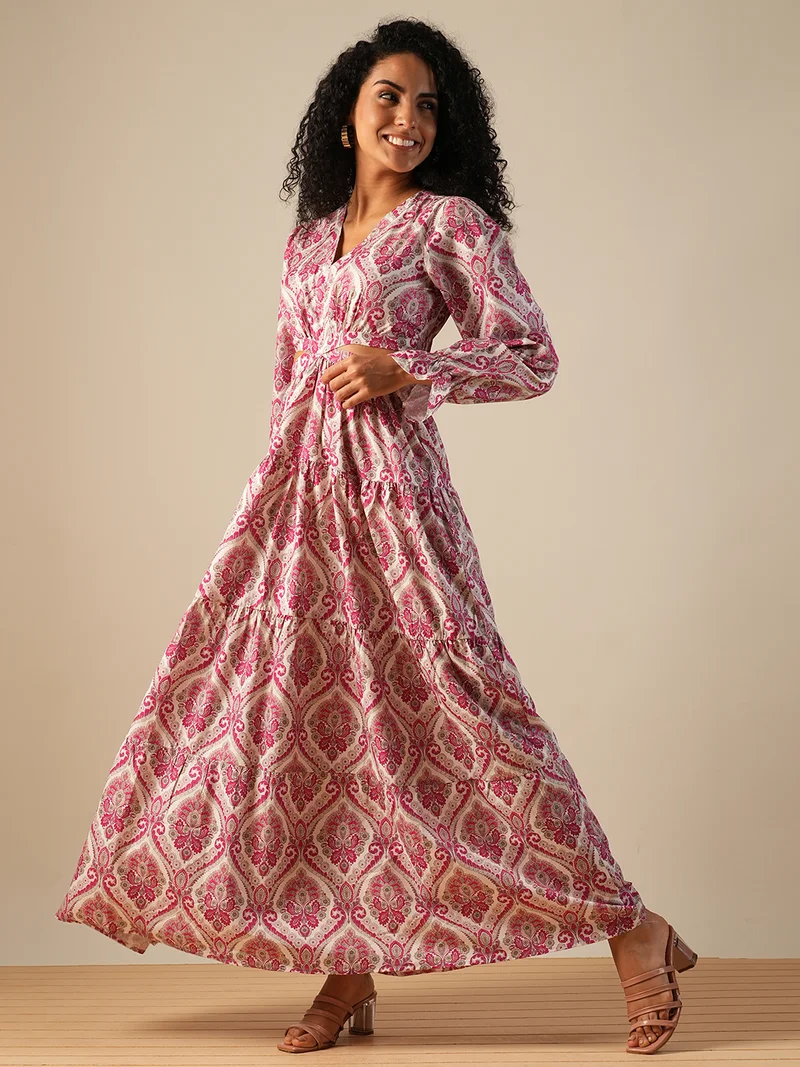 globus Women V-Neck Bishop Sleeves Ethnic Printed Cut-Out Detail Fit & Flare Fusion Maxi Dress