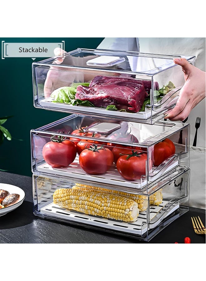 DUNISO 2 Pack Fridge Organizer,Stackable Refrigerator Organiser with Lids/Drain Tray and Drawer,Food Storage Box,Space Saving, Waterproof and Durable，for Fruits Vegetable Food Drinks,30*20*11cm，Clear - Image 3