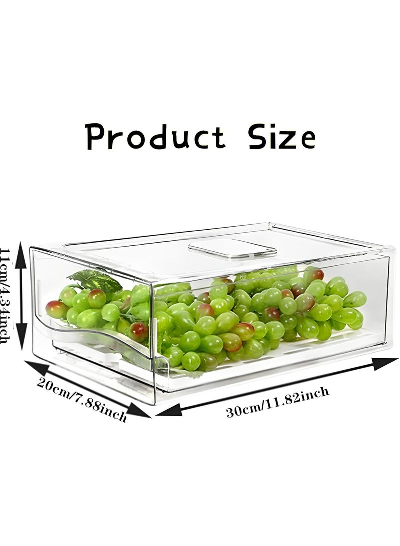 DUNISO 2 Pack Fridge Organizer,Stackable Refrigerator Organiser with Lids/Drain Tray and Drawer,Food Storage Box,Space Saving, Waterproof and Durable，for Fruits Vegetable Food Drinks,30*20*11cm，Clear - Image 2
