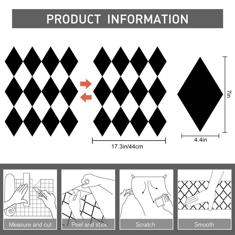 Qianglive Black and White Peel and Stick Wallpaper Diamond Wallpaper Rhombus Contact Paper 17.3"x120" Lattice Self Adhesive Waterproof Vinyl Roll for Bathroom Kitchen Backsplash Cabinets - Image 3