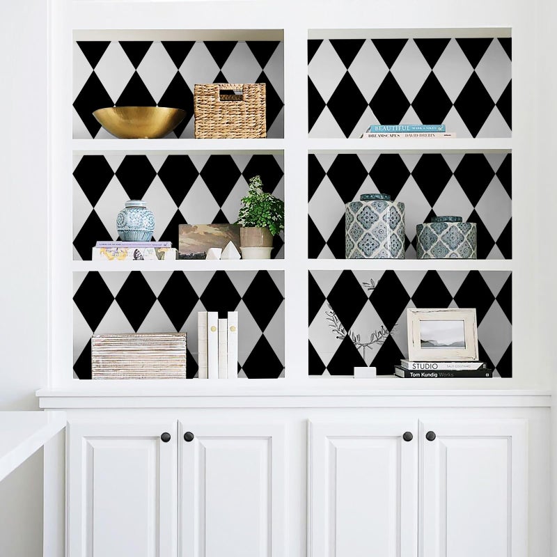 Qianglive Black and White Peel and Stick Wallpaper Diamond Wallpaper Rhombus Contact Paper 17.3"x120" Lattice Self Adhesive Waterproof Vinyl Roll for Bathroom Kitchen Backsplash Cabinets - Image 4