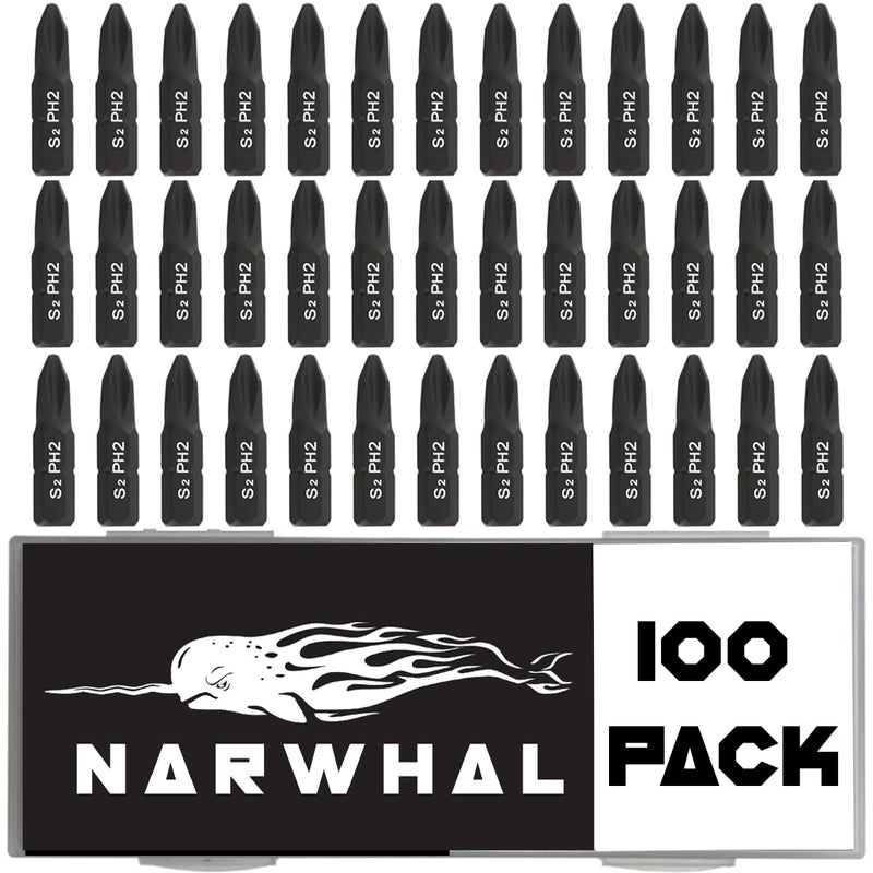 Narwhal Phillips 2 Screwdriver Impact Bits 1 Inch Bulk 100 Pack Industrial Grade Impact Rated CRM Alloy Steel PH2 Magnetic Head Bits with Case - Image 2