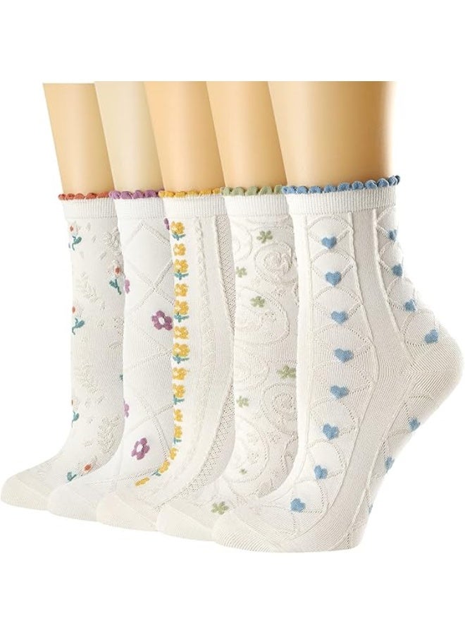 5-piece set of women's round neck short socks, casual cotton cute short socks, fun and novel girls' dresses, floral foot short socks, all season styles - Image 1