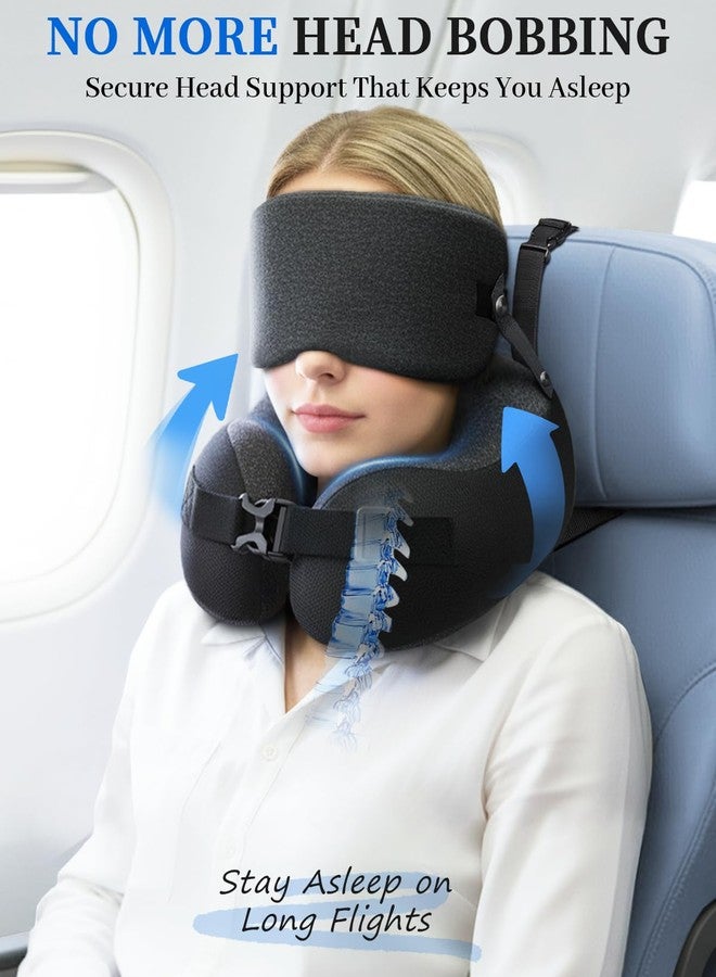 BDAC Travel Pillow for Long Flight Airplanes, Head Strap with Soft Eye Mask for Sleep, Memory Foam Travel Neck Pillow for Car Trip Essential, 360° Headrest Support to Stop Bobblehead, EVA Travel Case, Grey - Image 2
