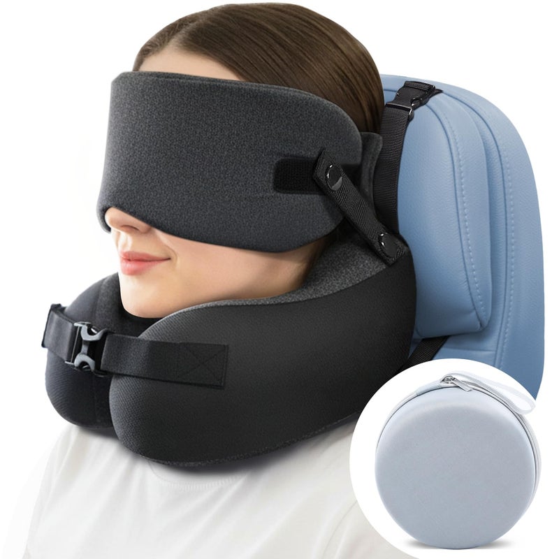BDAC Travel Pillow for Long Flight Airplanes, Head Strap with Soft Eye Mask for Sleep, Memory Foam Travel Neck Pillow for Car Trip Essential, 360° Headrest Support to Stop Bobblehead, EVA Travel Case, Grey - Image 1