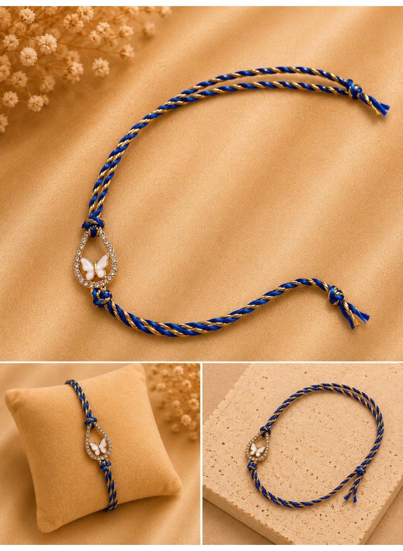 Blue and Gold Braided Thread Bhai Rakhi Bracelet with Embellished Butterfly Charm