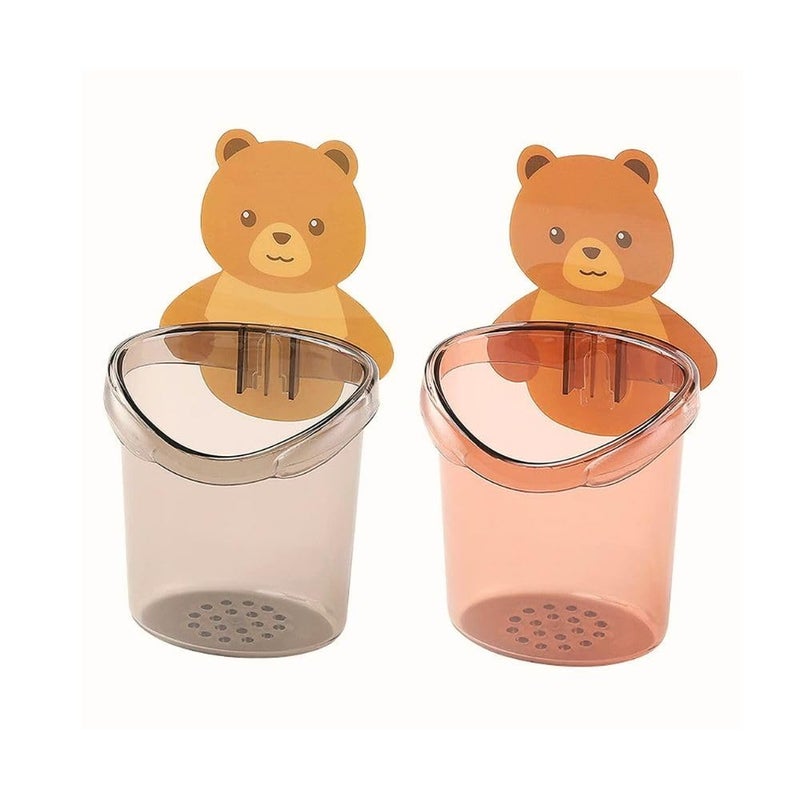 JAPP JAPP Toothbrush Holder (Set of 2 Pcs) Plastic Stand for Toothpaste, Comb, Brush, Cream, Lotion Kids Bathroom Cup Drain Waterproof Self-Adhesive, Teddy Bear - Image 1