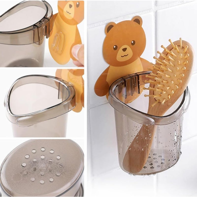 JAPP JAPP Toothbrush Holder (Set of 2 Pcs) Plastic Stand for Toothpaste, Comb, Brush, Cream, Lotion Kids Bathroom Cup Drain Waterproof Self-Adhesive, Teddy Bear - Image 5