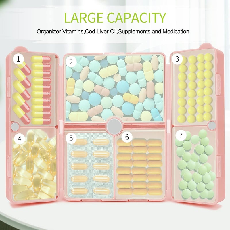 FYY 7 Day Pill Box Organiser, Travel Pill Case, [Folding Design][Large Capacity] Portable Pill Dispenser Container for Vitamins, Cod Liver Oil, Supplements, Medication Large-Pink - Image 2