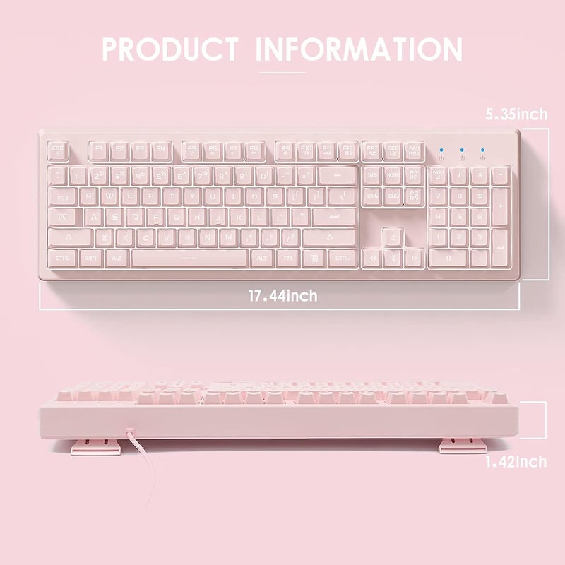 Basaltech Pink Keyboard with 7-Colors LED Backlit,104 Keys Silent Creamy Keyboards,Double Shot Keycaps Light Up Keyboard Wired USB for Computer,Mac,Laptop - Image 5