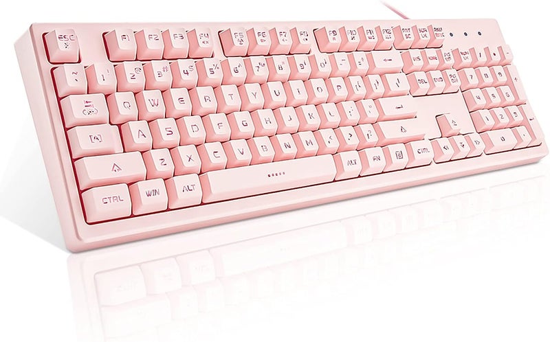Basaltech Pink Keyboard with 7-Colors LED Backlit,104 Keys Silent Creamy Keyboards,Double Shot Keycaps Light Up Keyboard Wired USB for Computer,Mac,Laptop - Image 1