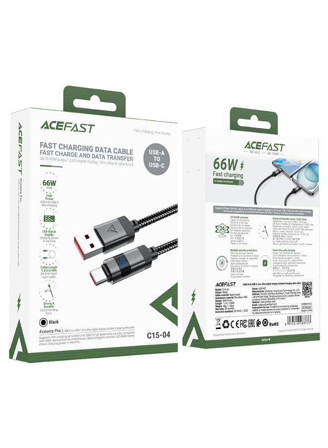 ACEFAST Charging Data Cable C15-04 USB-A to USB-C, 66W Fast Charging, 1.2m Nylon Braided, Zinc Alloy, LED Digital Display - Black - Image 5