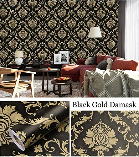 LIFAVOVY Upgrade Thickening Contact Paper Black Gold Damask Wall Paper Self Adhesive Peel and Stick Wallpaper for Kitchen Countertop Cabinet Furniture Bedroom Decor 17.7 Inch x 32.8 FT - Image 2