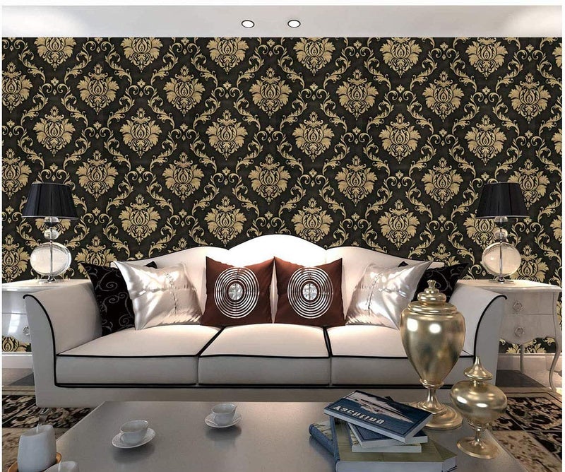 LIFAVOVY Upgrade Thickening Contact Paper Black Gold Damask Wall Paper Self Adhesive Peel and Stick Wallpaper for Kitchen Countertop Cabinet Furniture Bedroom Decor 17.7 Inch x 32.8 FT - Image 3