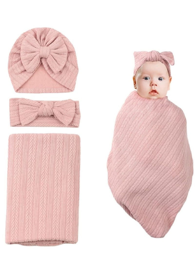 Generic Newborn Swaddle Blanket with Headband Set Wheat Pattern Swaddle Wrap Receiving Blanket for Baby Boy Girls Sleeping Bag (Pink)  - Image 1