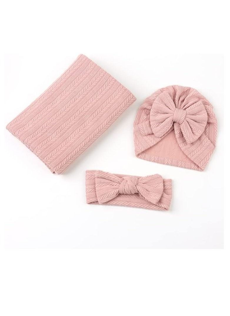 Generic Newborn Swaddle Blanket with Headband Set Wheat Pattern Swaddle Wrap Receiving Blanket for Baby Boy Girls Sleeping Bag (Pink)  - Image 3