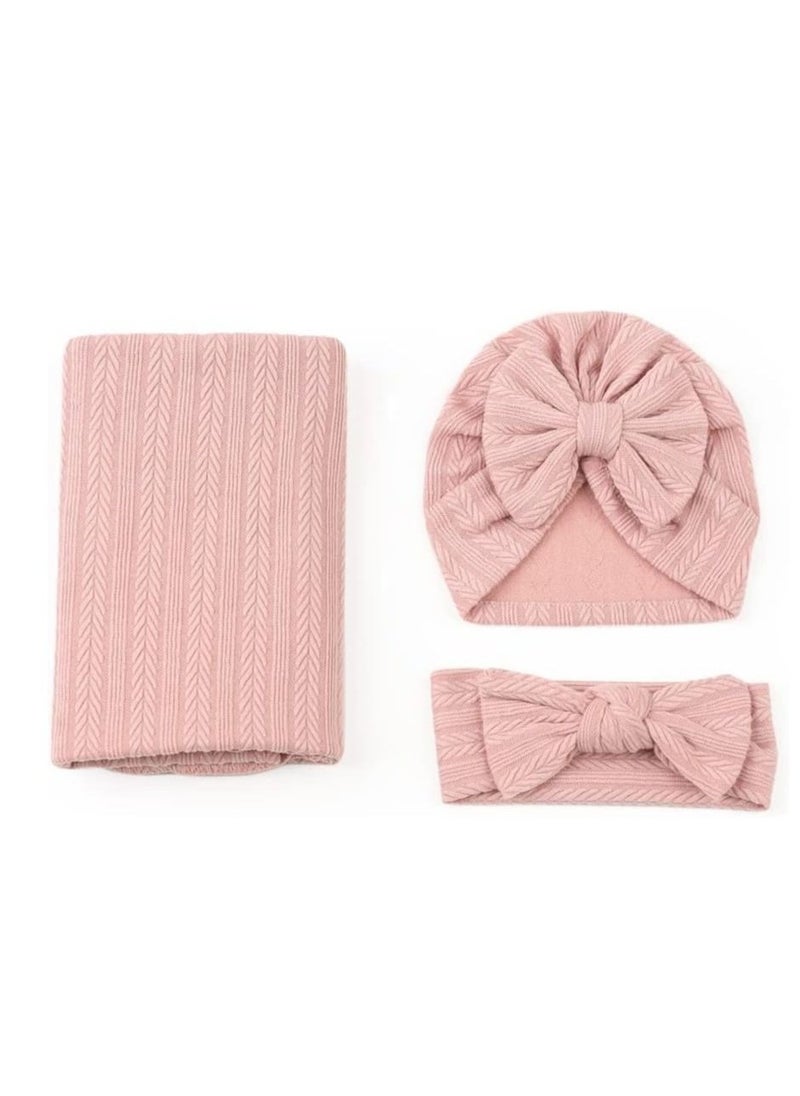Generic Newborn Swaddle Blanket with Headband Set Wheat Pattern Swaddle Wrap Receiving Blanket for Baby Boy Girls Sleeping Bag (Pink)  - Image 2
